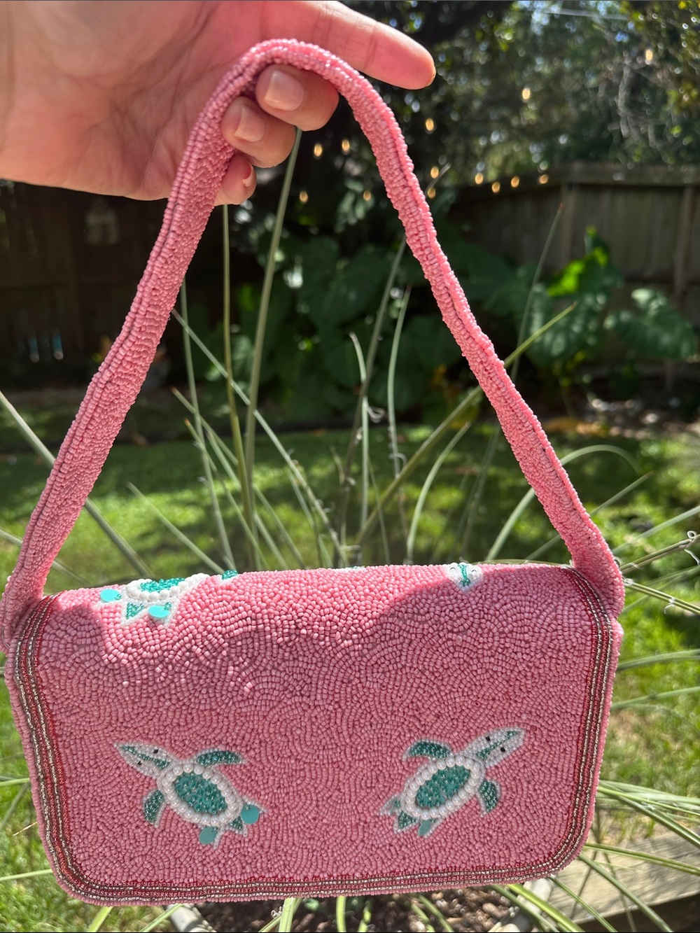 Pink Beaded Turtle Shoulder Bag Handmade in India - Picture 2 of 4